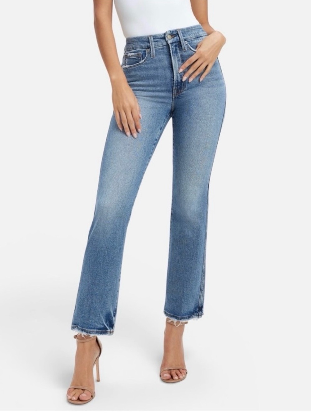 Good American Good Curve Straight Jeans Indigo338 High Rise Raw Hem Blue Size 15